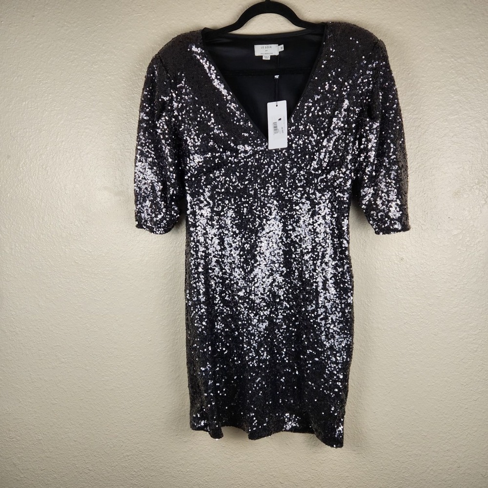 Le Soir Cocktail Dress Juniors‎ Medium Silver Short Sleeve Formal Evening USA
